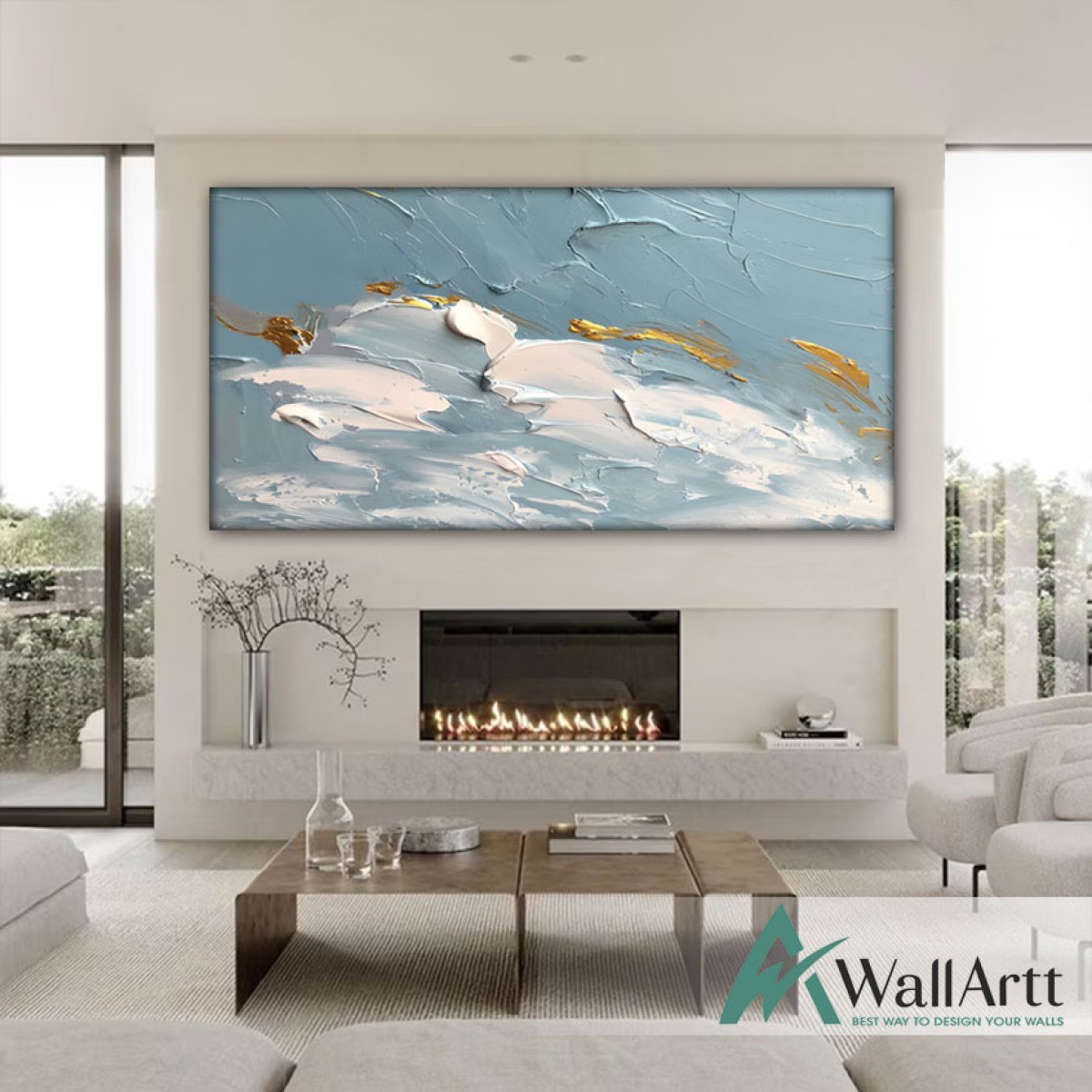 Baby Blue Gold Abstract 3d Heavy Textured Partial Oil Painting - Wall Art